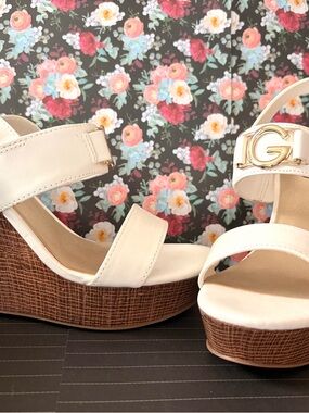 G by Guess White Platform Sandals with Gold G Accent